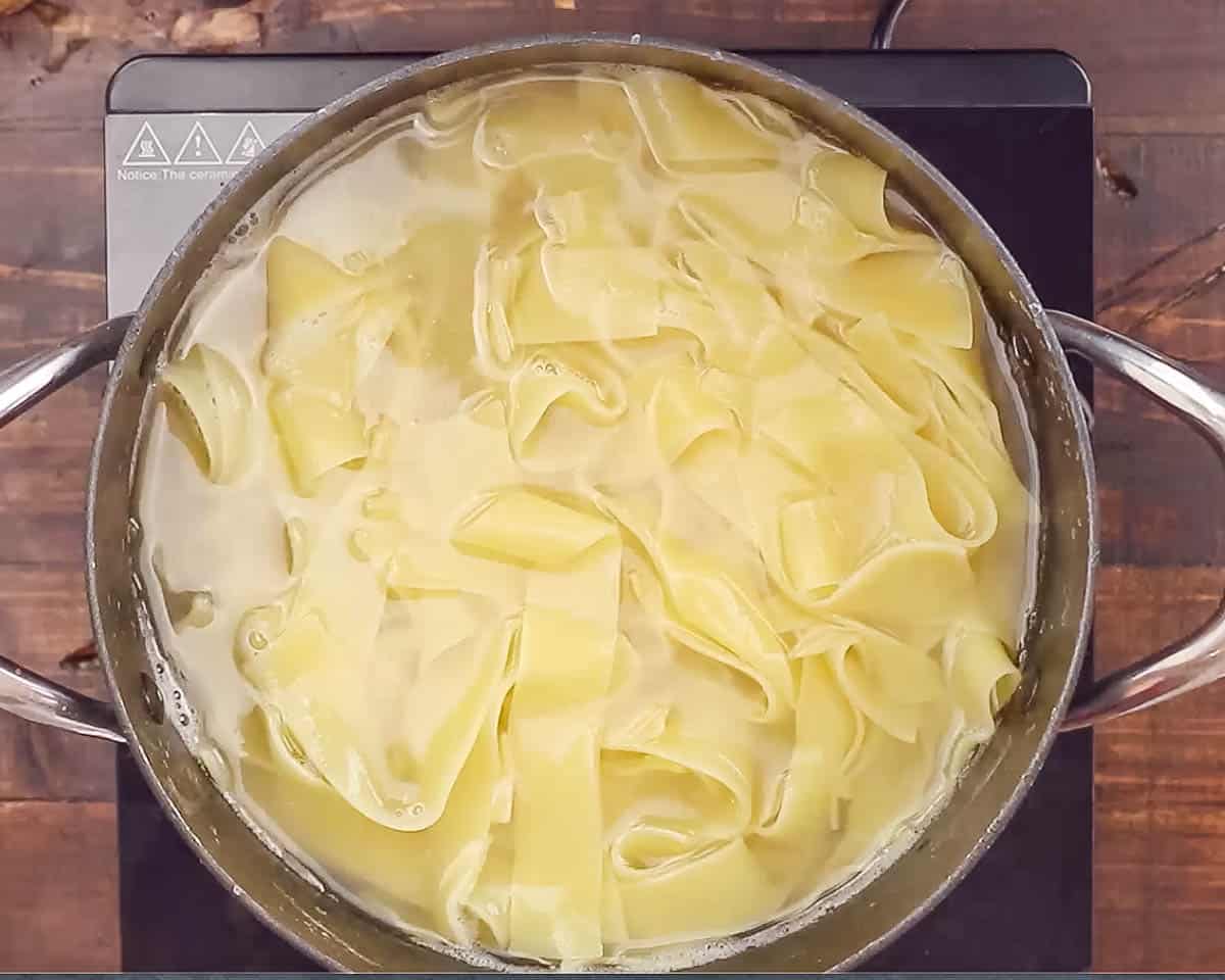 overhead shot of pasta cooking