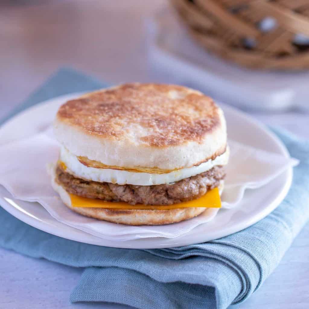 White plate showing a make ahead Egg Breakfast Sandwich