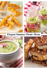 A 4-photo collage of elegant summer picnic menu recipes with a central box reading, “Elegant Summer Picnic Menu.”