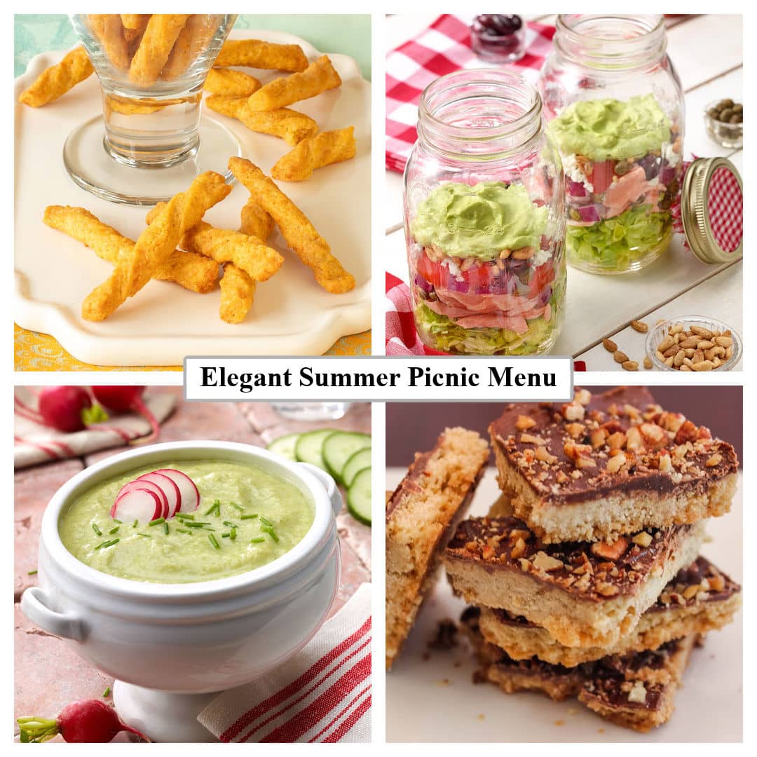 A 4-photo collage of elegant summer picnic menu recipes with a central box reading, “Elegant Summer Picnic Menu.”