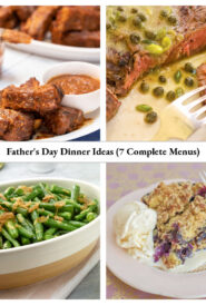 Collage of Father’s Day dinner ideas featuring BBQ ribs, grilled ribeye steak with Dijon sauce, green beans with crispy shallots, and berry cobbler with ice cream.