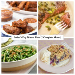 Collage of Father’s Day dinner ideas featuring BBQ ribs, grilled ribeye steak with Dijon sauce, green beans with crispy shallots, and berry cobbler with ice cream.