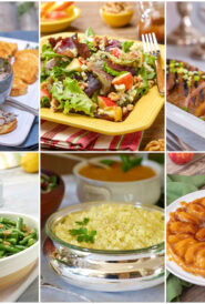 collage of 6 dishes that feature fall flavors.
