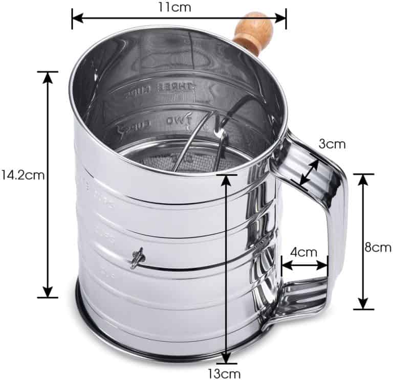 Flour sifter showing inside and dimensions