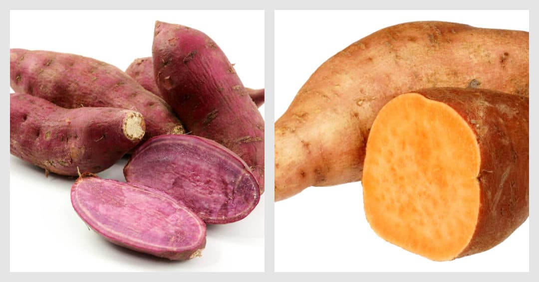 collage of 2 photos, garnet sweet potato on left, jewel on right.