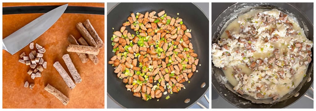 3 photos illustrating chopping and cooking sausage, then egg whites