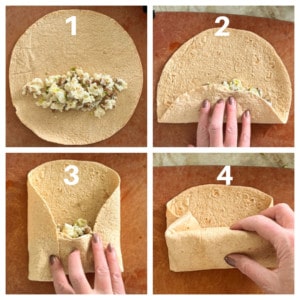 collage of 4 photos showing how to roll a burrito