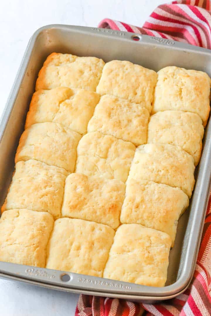 overhead image of Buttermilk Biscuits in a metal baking dish