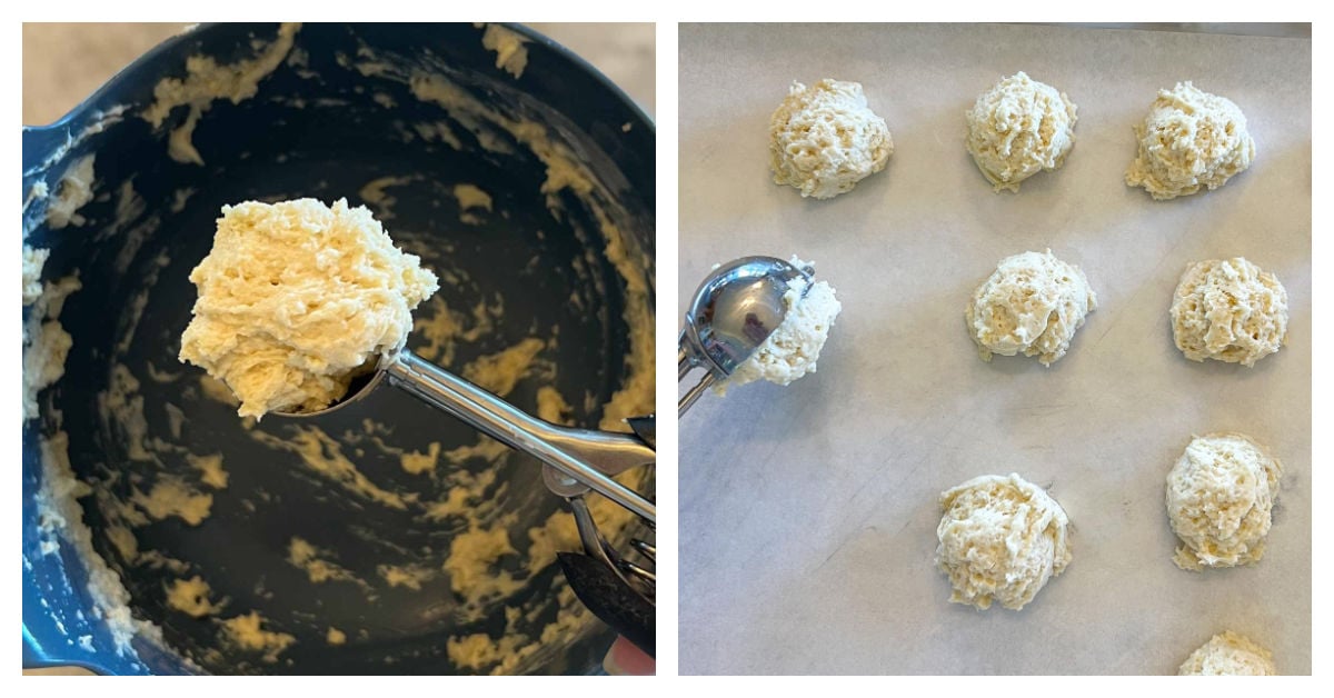 collage of 2 photos, first one is Scoop holding dough for one drop biscuit, hovering over a bowl. Second one is parchment lined cookie sheet with scoops of drop biscuit batter, and a scoop placing another ball on the sheet