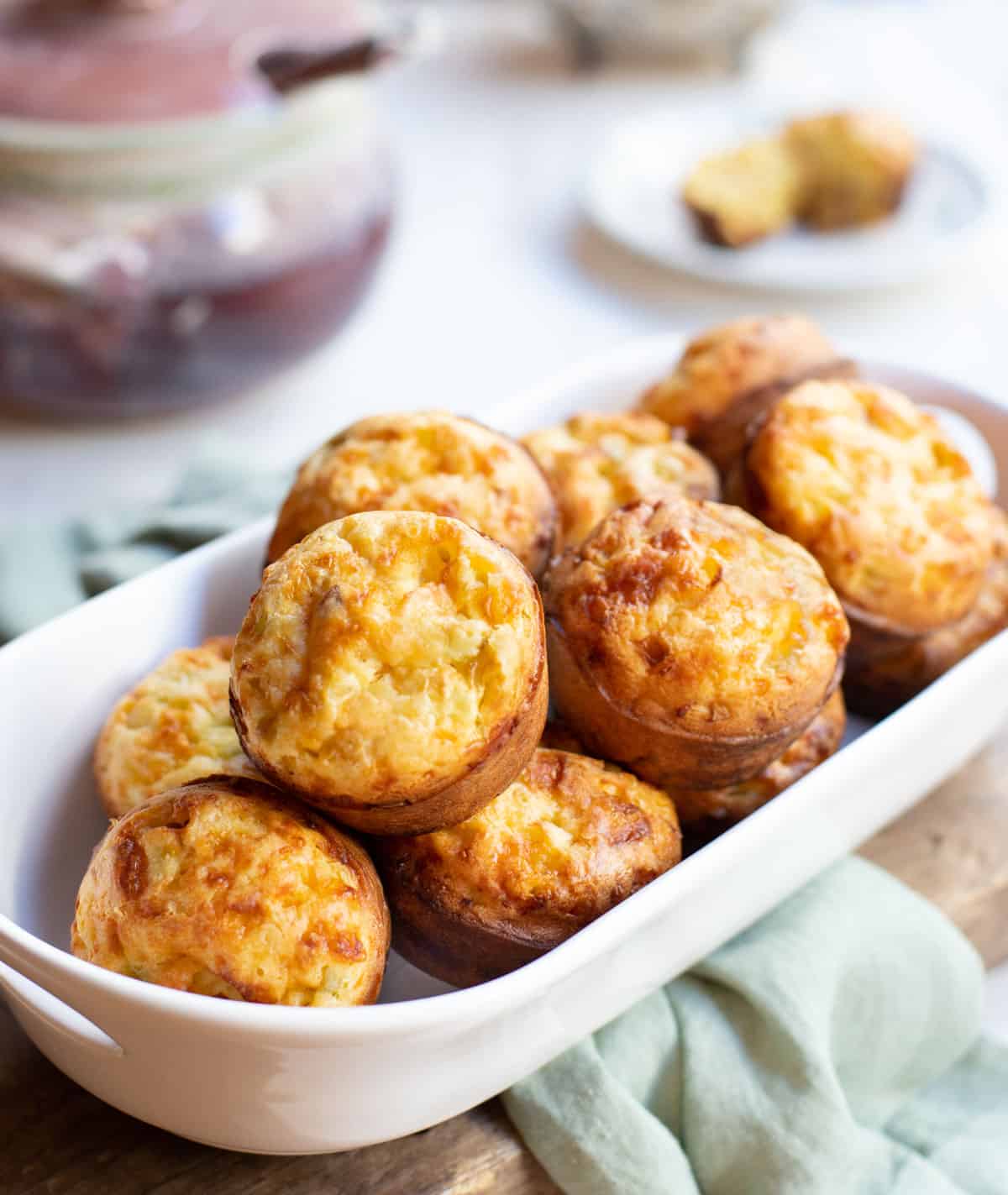 White oval bowl fillled with Italian Popovers