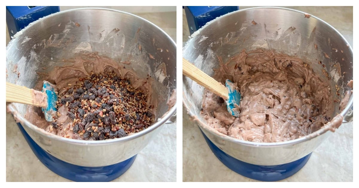collage of two photos, one showing adding raisins and nuts, the second showing batter once blended