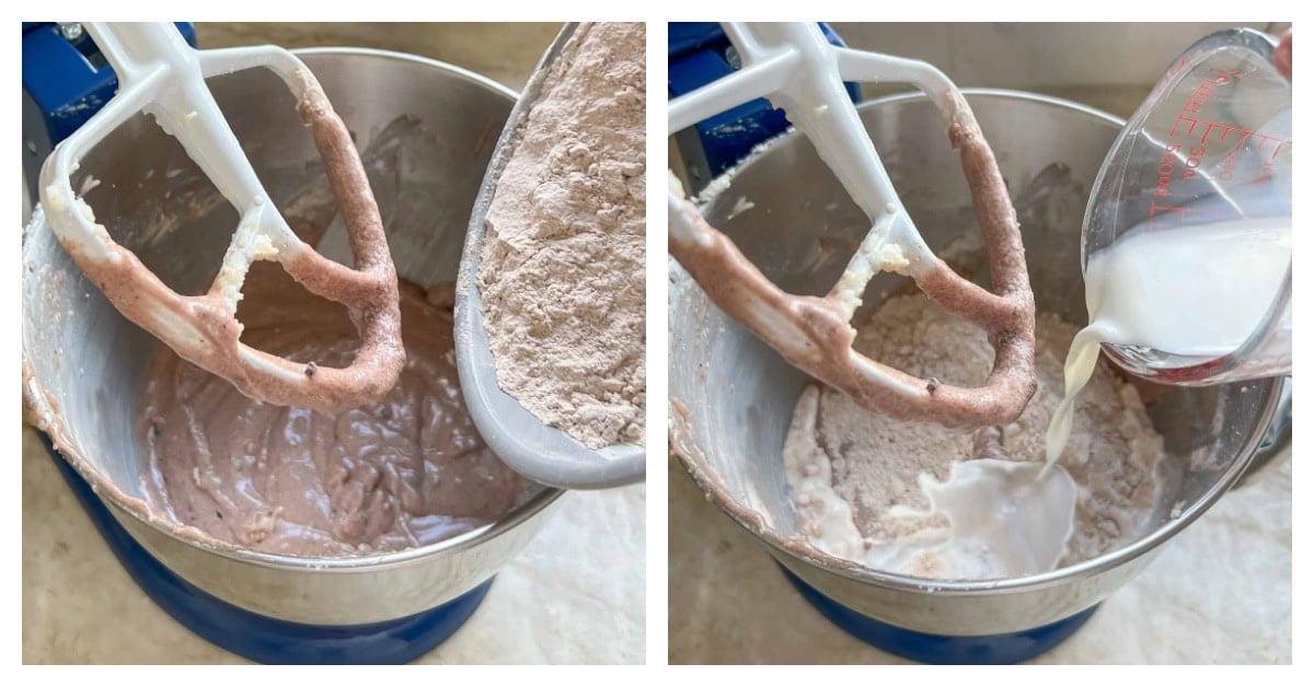 collage of two photos, one adding dry ingredients the other adding buttermilk