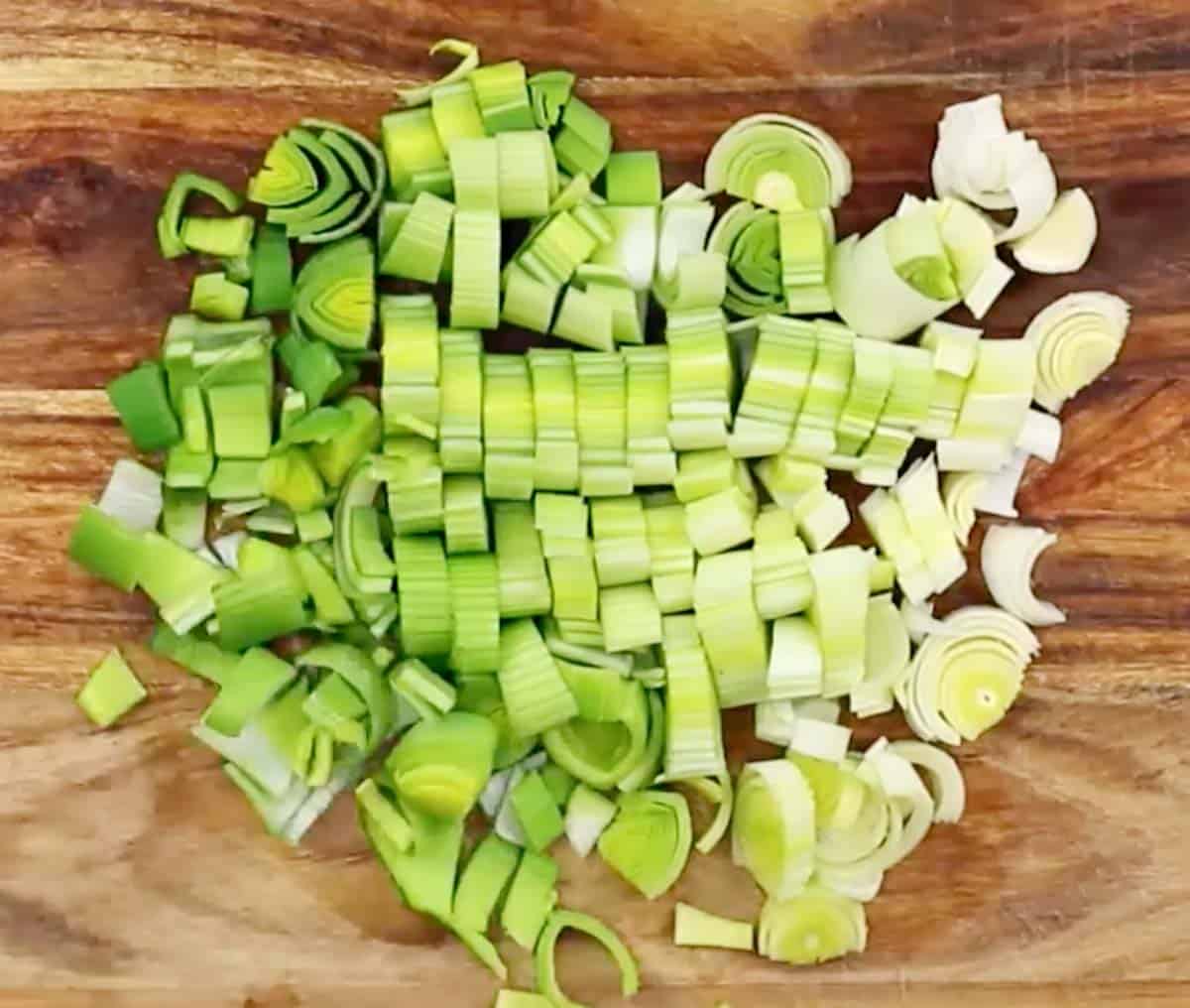 chopped leeks on cutting board, showing size
