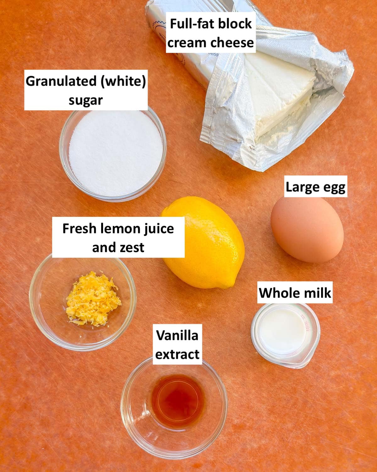 Prepped and ready-to-use ingredients needed to make the filling for Lemon Cheesecake Bar cookies.