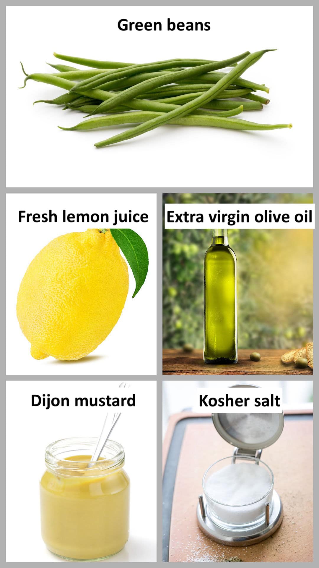 collage of 5 ingredients needed for oven roasted green beans