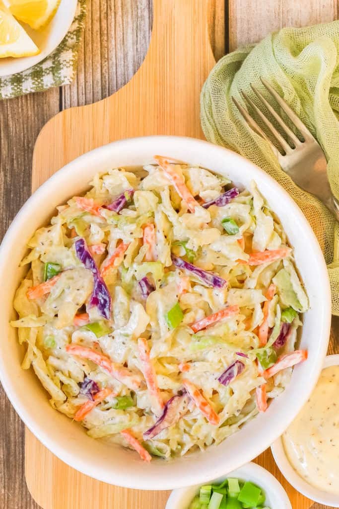 close up overhead view of Lemon Mayo Coleslaw in a bowl