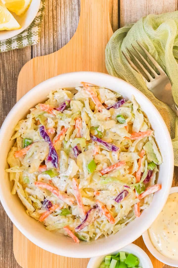 close up overhead view of Lemon Mayo Coleslaw in a bowl.