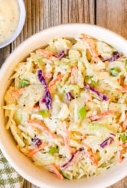close up overhead view of Lemon Coleslaw with Mayo dressing on the side