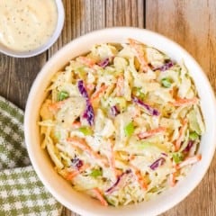 close up overhead view of Lemon Coleslaw with Mayo dressing on the side