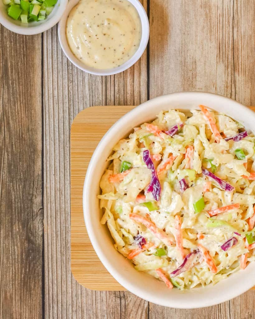 overhead shot of Lemon Coleslaw with Mayo dressing on the side