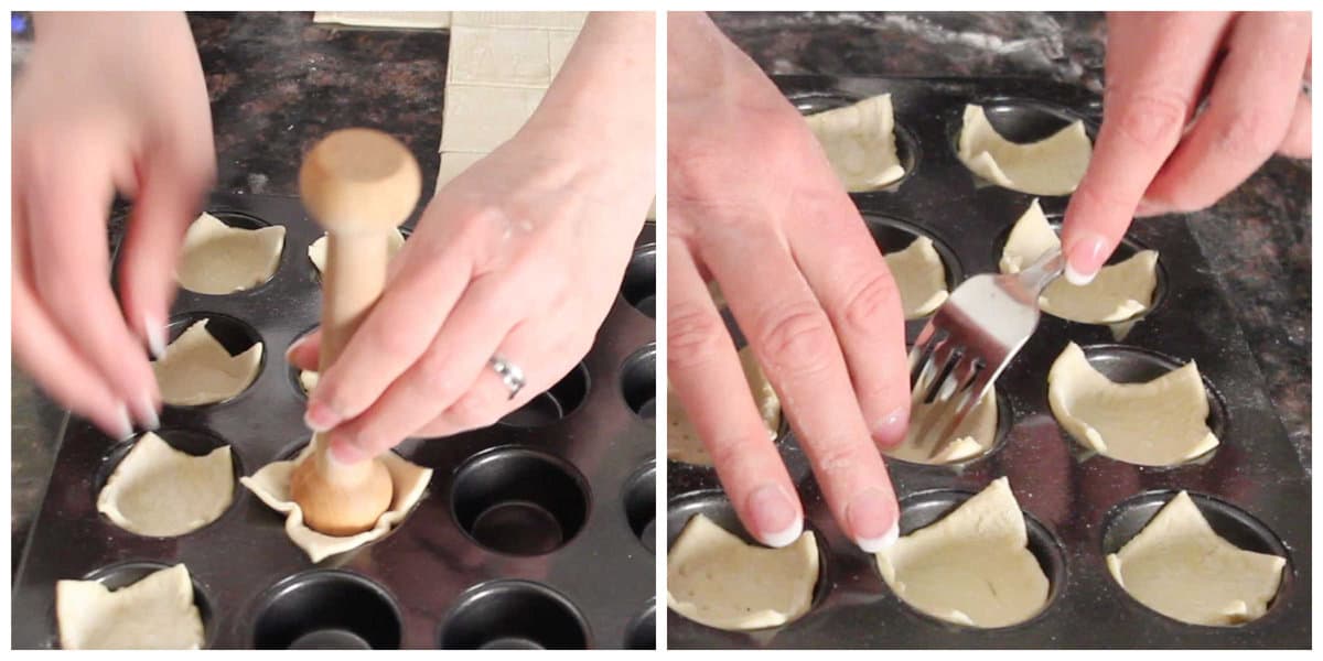 two photos in a collage showing how to fill mini muffin tins with puff pastry