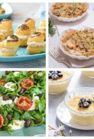 Mother’s Day dinner menu collage with seafood gratin, smoked salmon appetizer, fresh arugula salad, and lemon dessert.