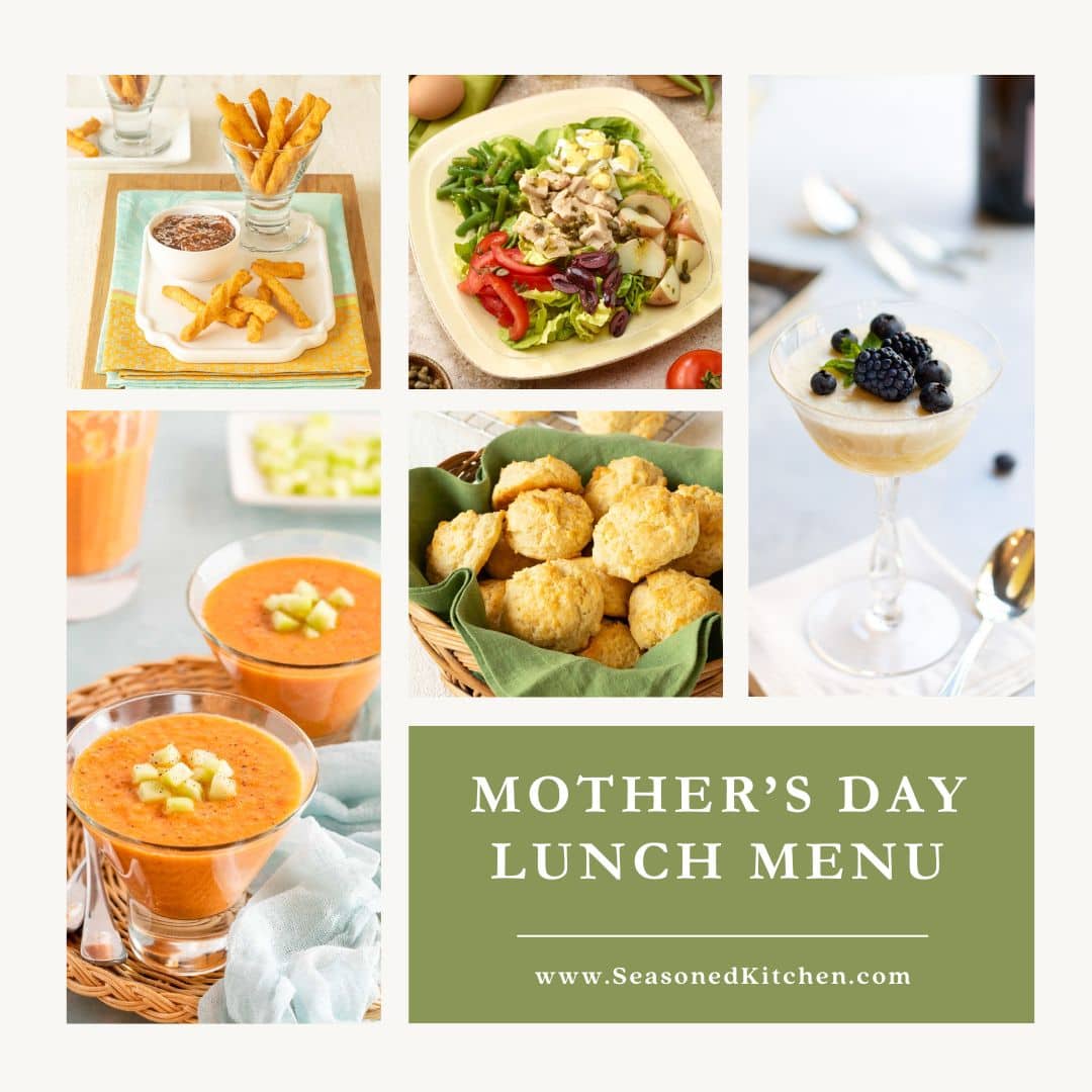 collage of 5 dishes from a Make Ahead Mother's Day Lunch Menu