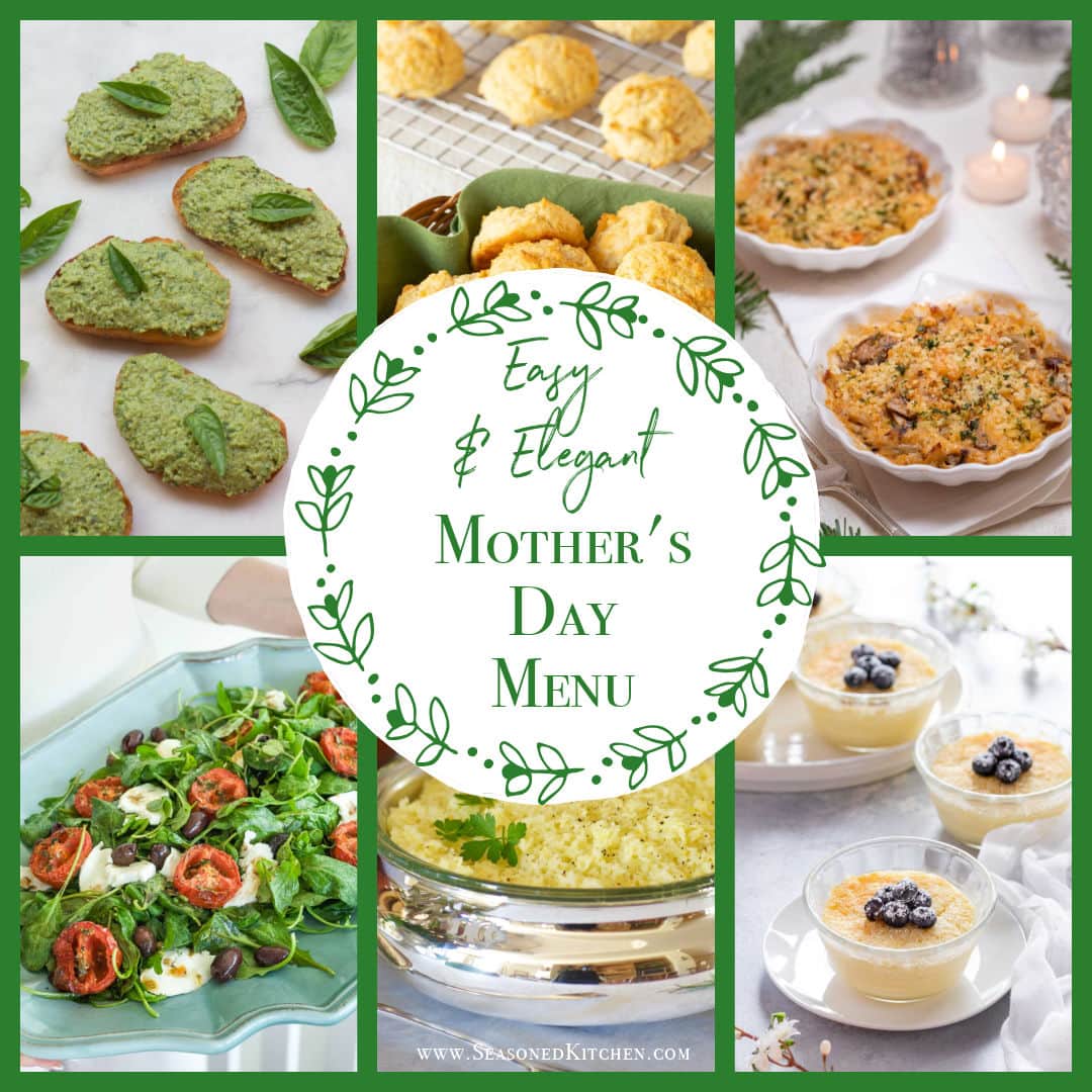 collage of 6 recipes included in this Mother's Day Dinner Menu