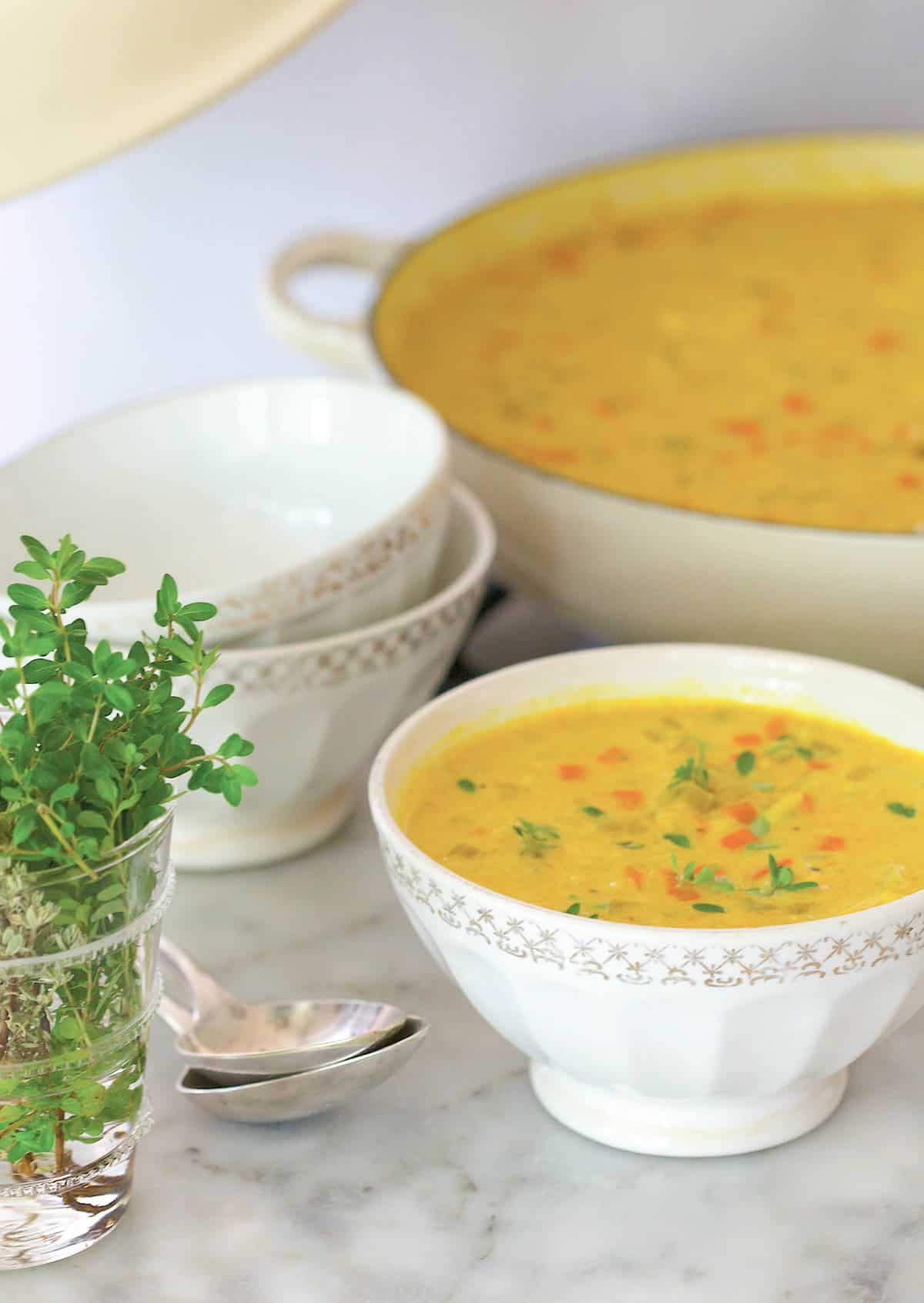 white bowl filled with Indian Mulligatawny Soup