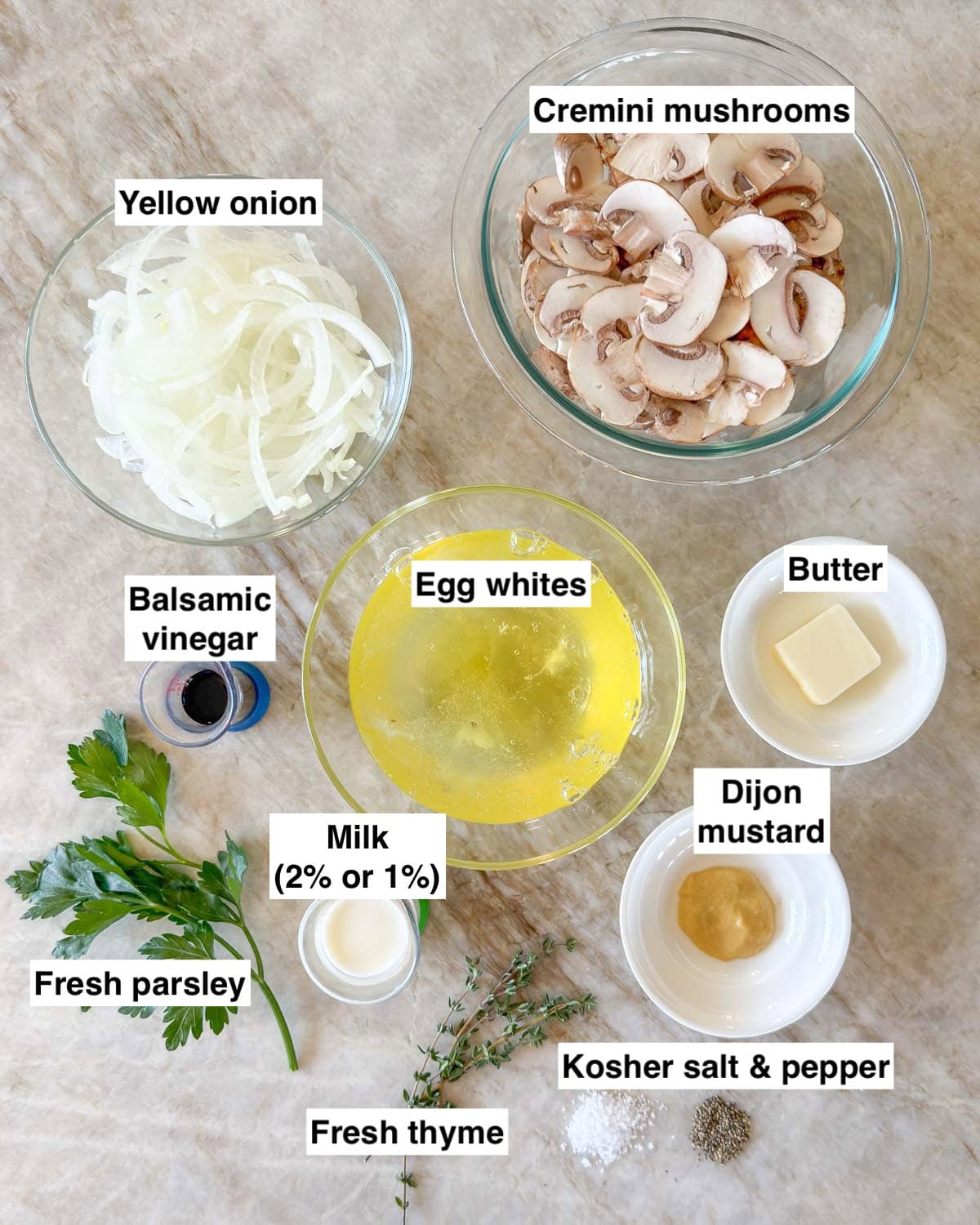 Ingredients needed to make Mushroom Omelet recipe, prepped and ready to use.