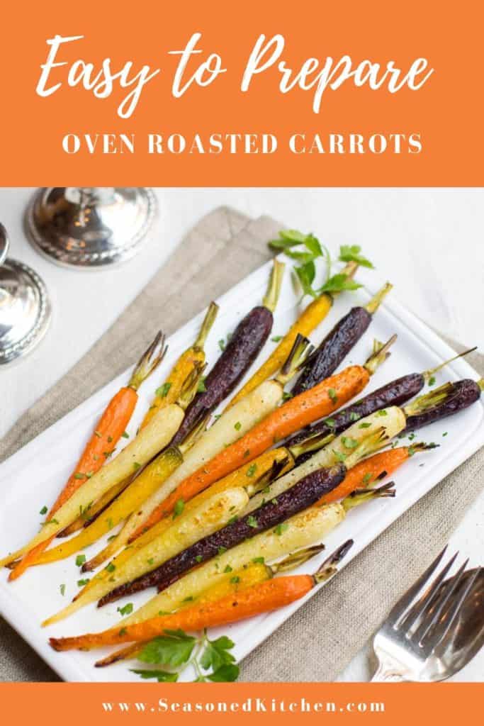 white platter holding Oven Roasted Carrots, formatted for sharing on social media