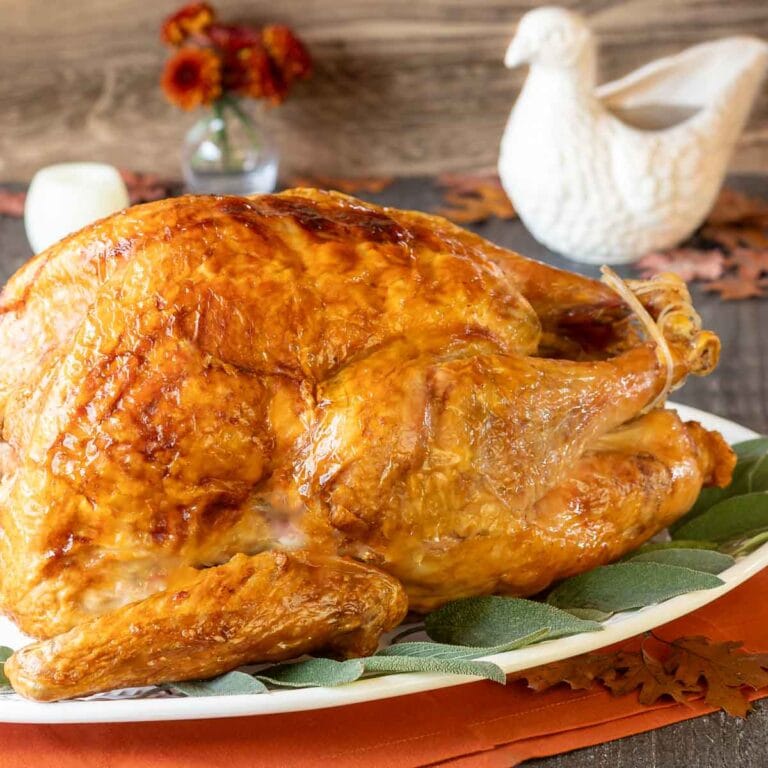 Roasted Turkey with golden brown skin on a white platter with a bird-shaped gravy boat filled with gravy behind