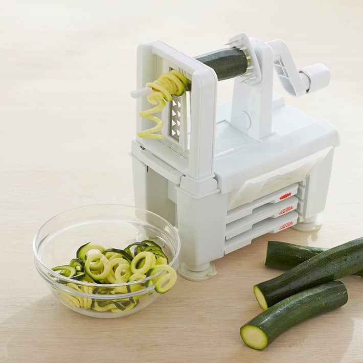 showing spiralized zucchini made with the Paderno spiralizer