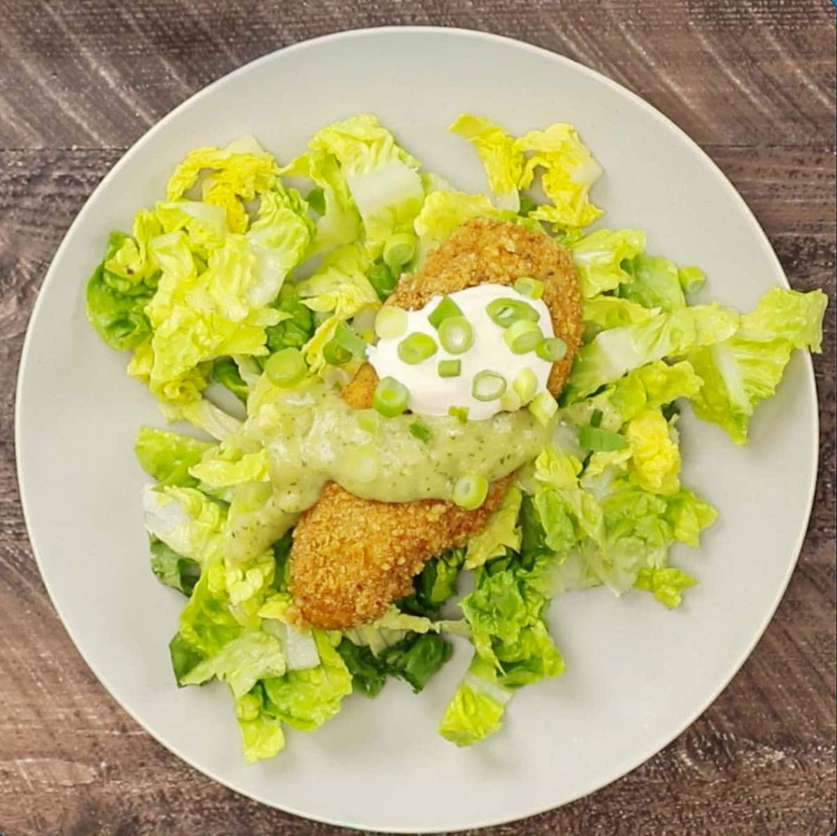 A bed of lettuce topped with chicken  garnished with sour cream and salsa.