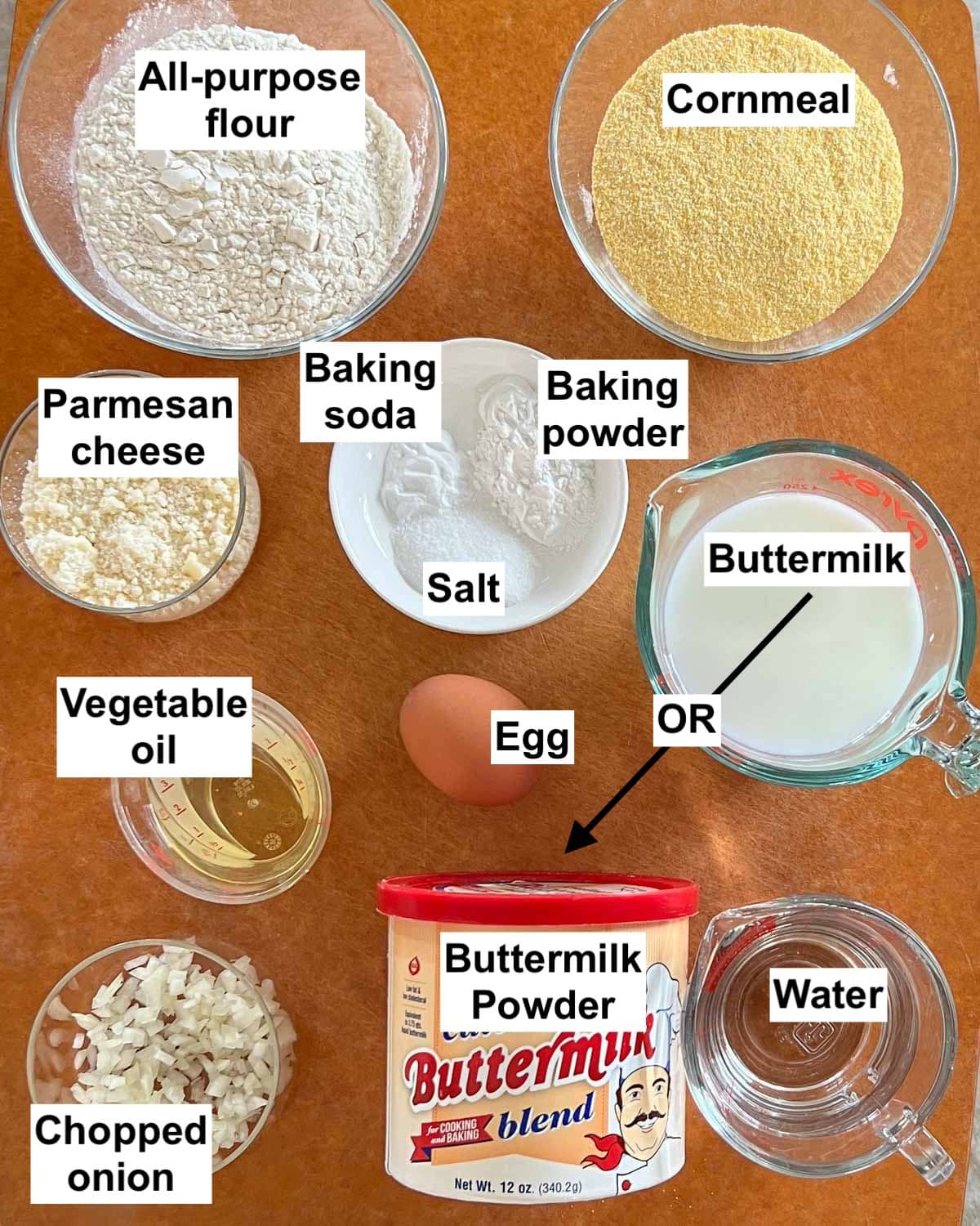 all the ingredients included in Parmesan Cornbread with labels