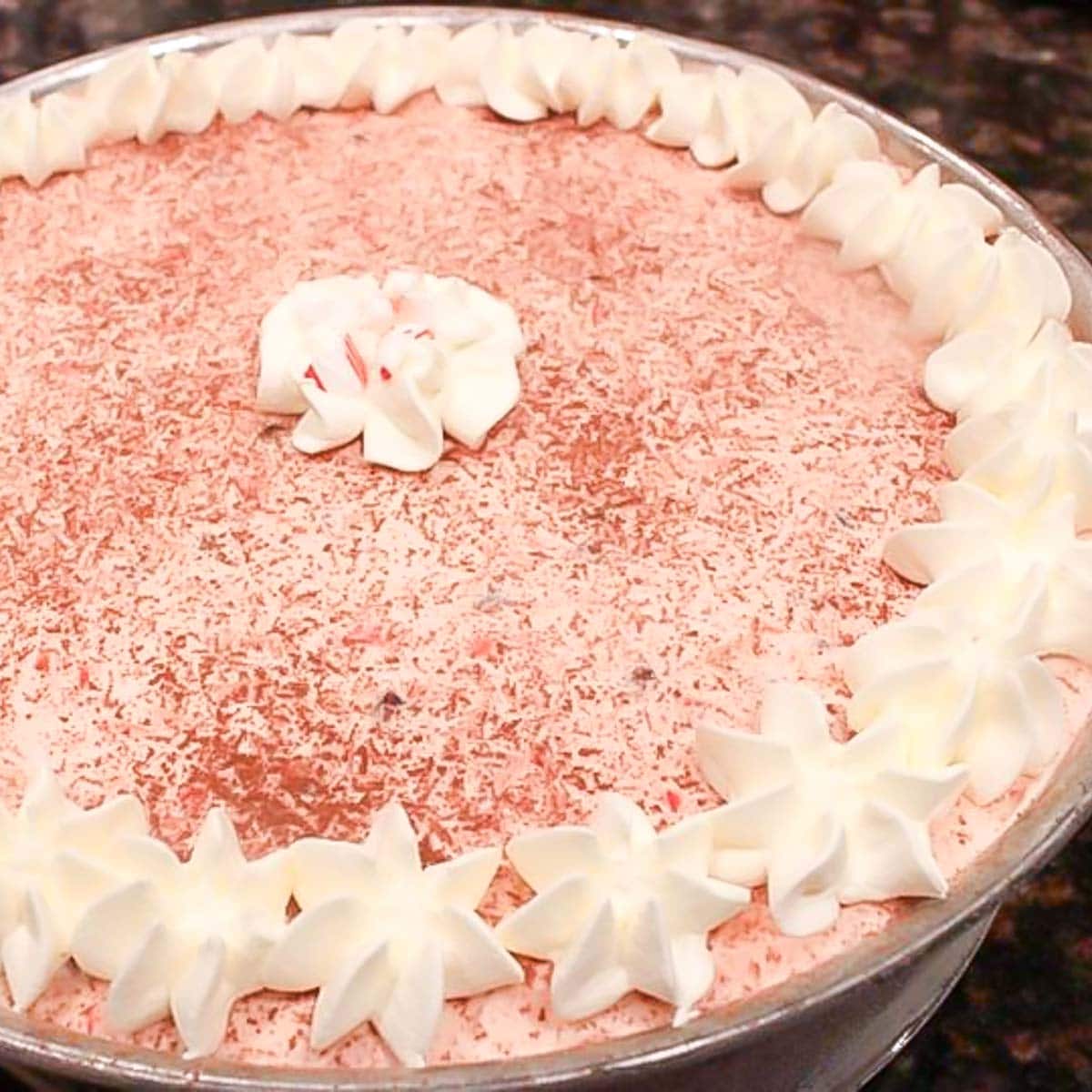 Frozen Peppermint Cheesecake showing cocoa sprinkled on top and a piped whipped cream topping