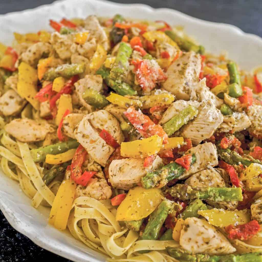 Close up showing one recipe of Pesto Chicken and Vegeables with Pasta