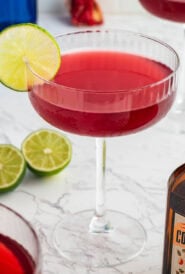 clear stemmed glass filled with Red Carpet Martini