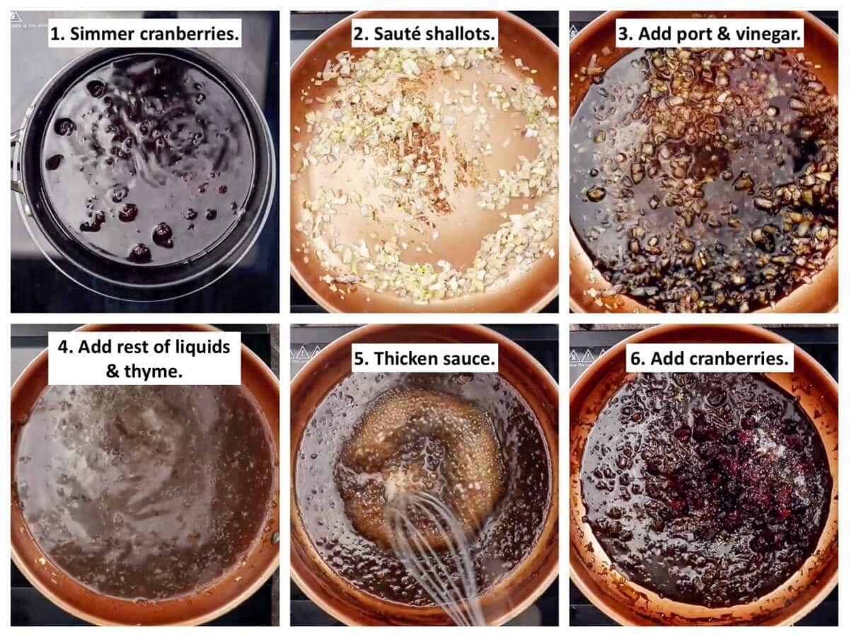 collage of 6 key steps in making Cranberry, Port and Balsamic Sauce for Pork Tenderloin