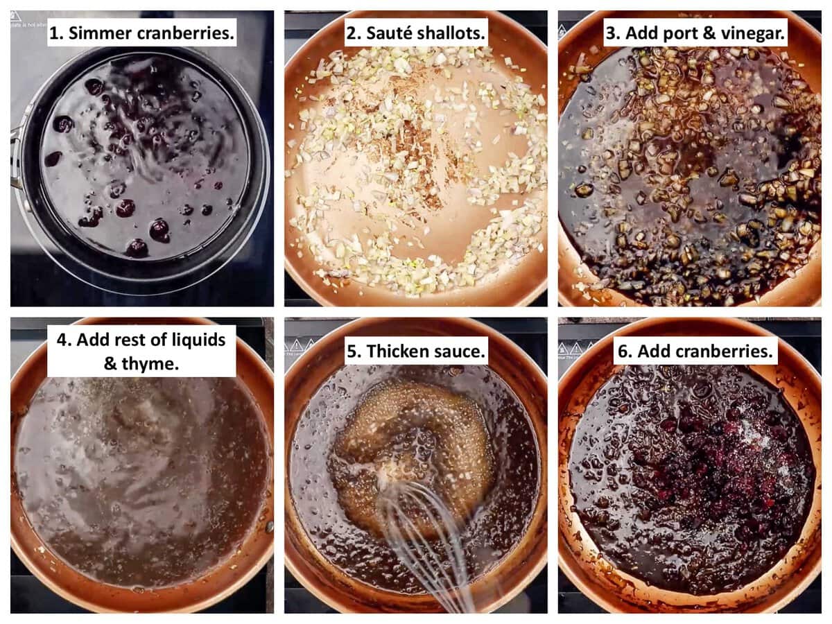 collage of 6 key steps in making Cranberry, Port and Balsamic Sauce for Pork Tenderloin.