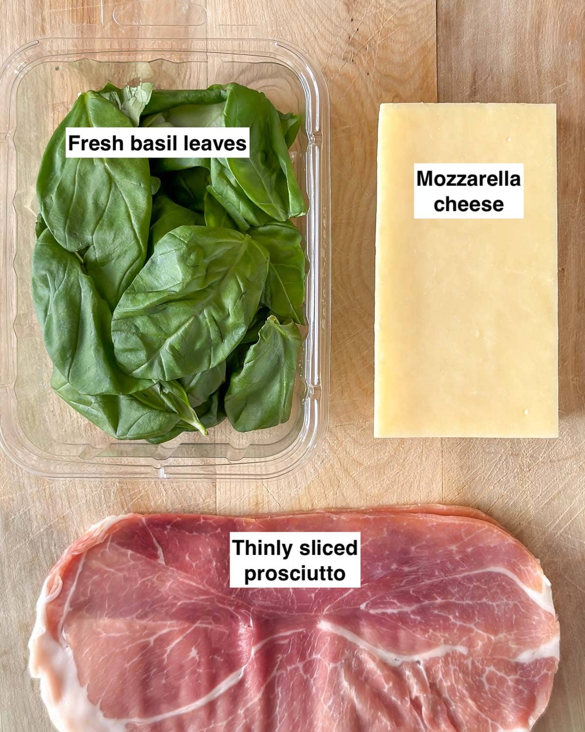 3 ingredients needed for prosciutto wrapped mozzarella.