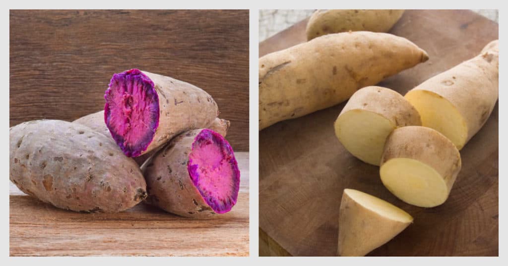 showing purple sweet potato on left, hannah poato on right