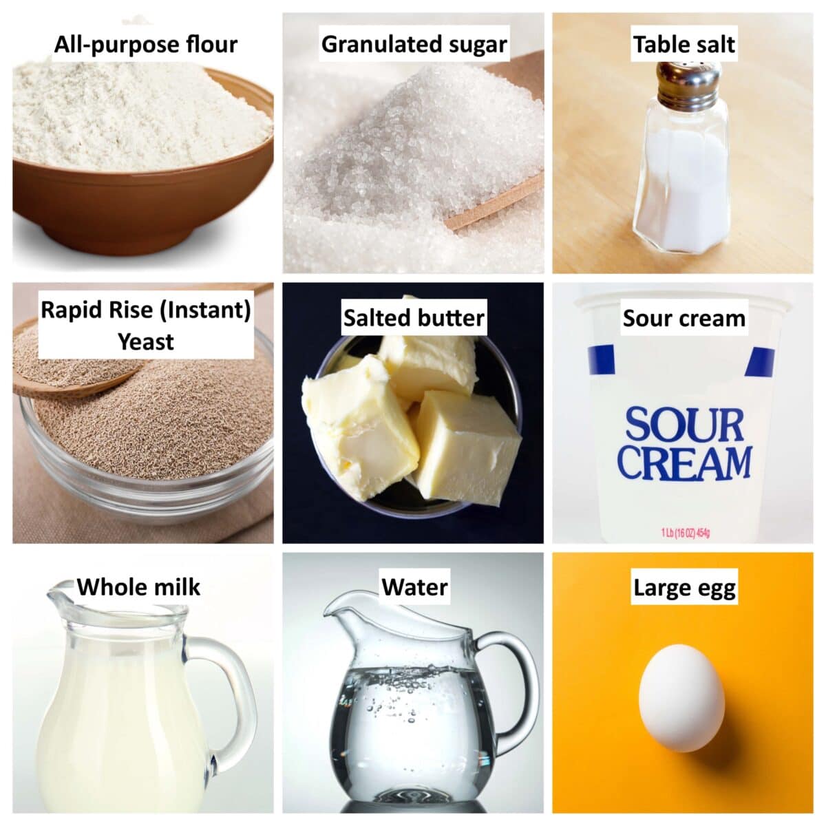 collage of 9 ingredients needed to make these quick dinner rolls