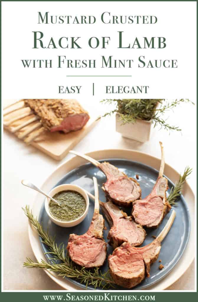 cooked rack of lamb, sliced and arranged on a blue plate with mint sauce on the side. Formatted for sharing on social media