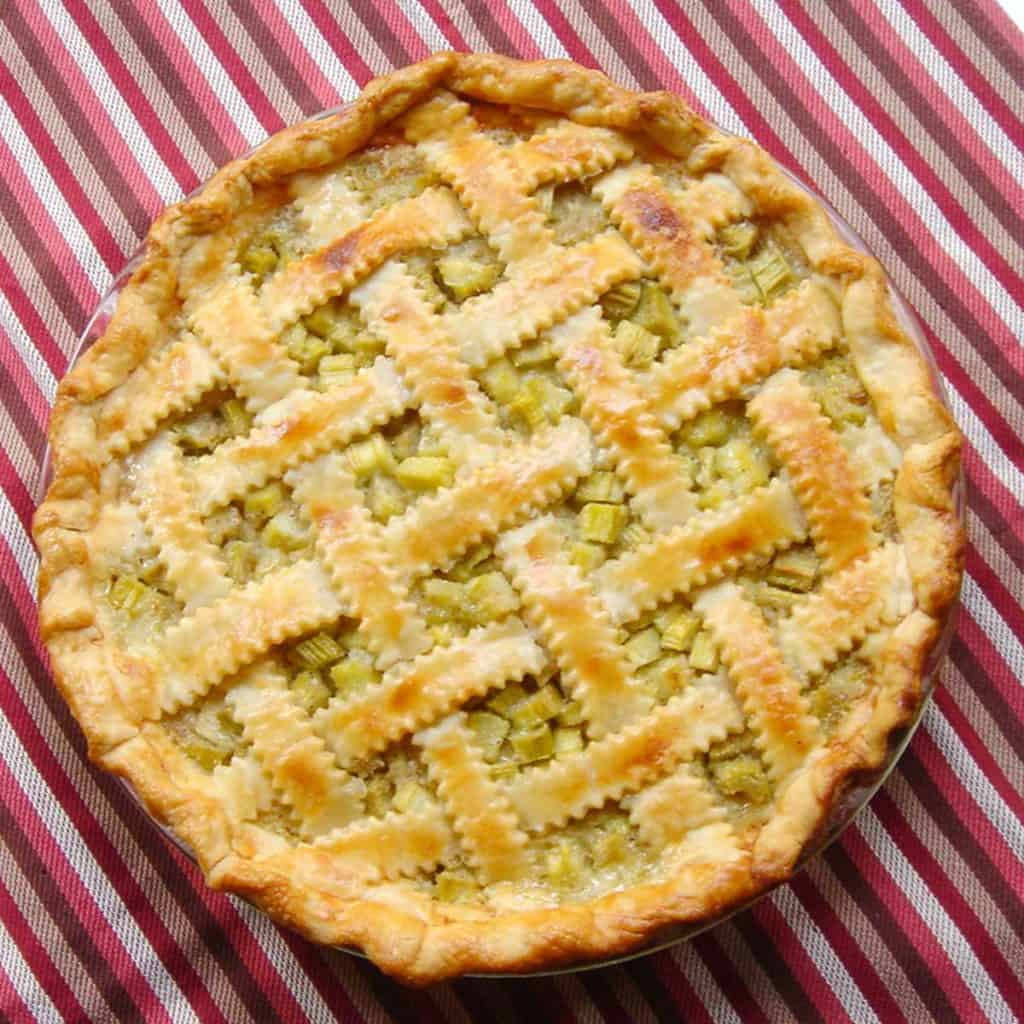 Rhubarb Pie on top of a red striped dish towel.