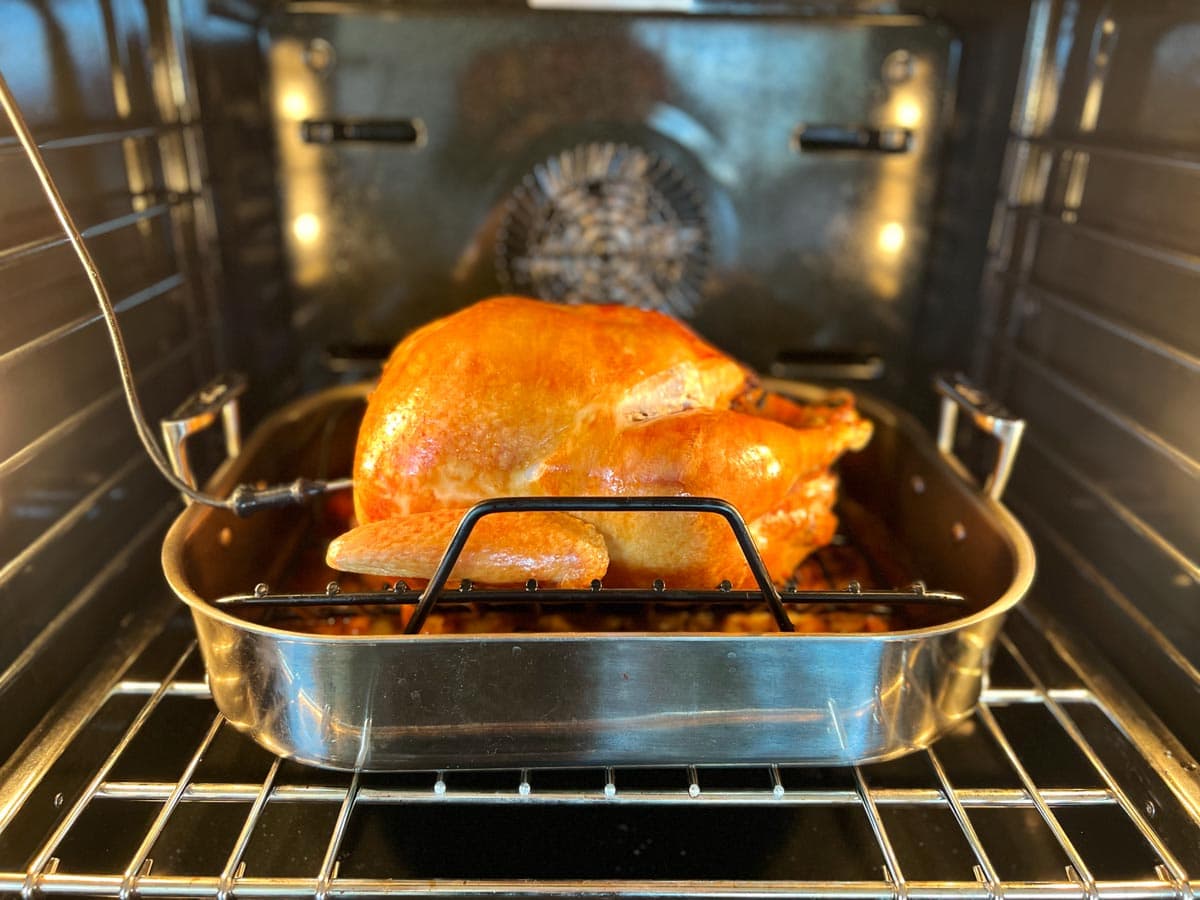 Turkey roasting in oven, breast side up, almost done