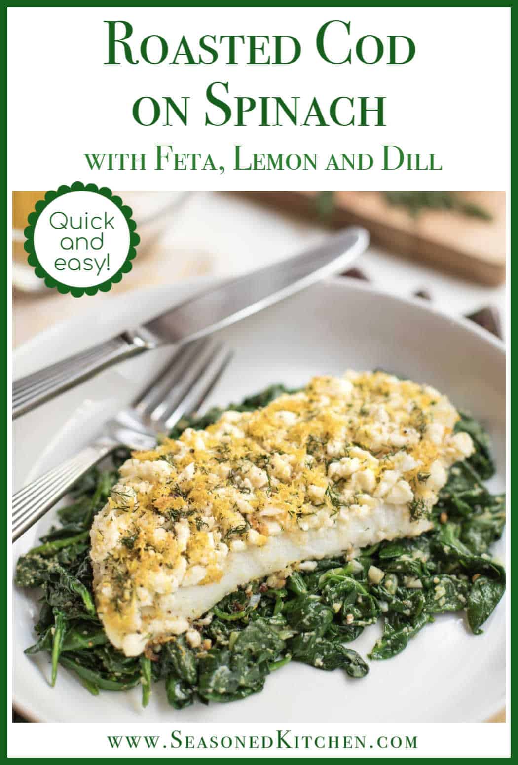 single serving of Baked Cod with Lemon and Dill on Spinach, formatted for sharing on social