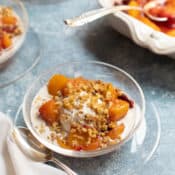 roasted peaches, nectarines and plums over ice cream with candied walnuts