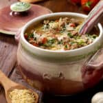 ceramic soup turreen filled with Sausage, Spinach and Orzo soup