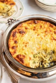 Round casserole of Sausage, Cheese and Hash Brown Strata